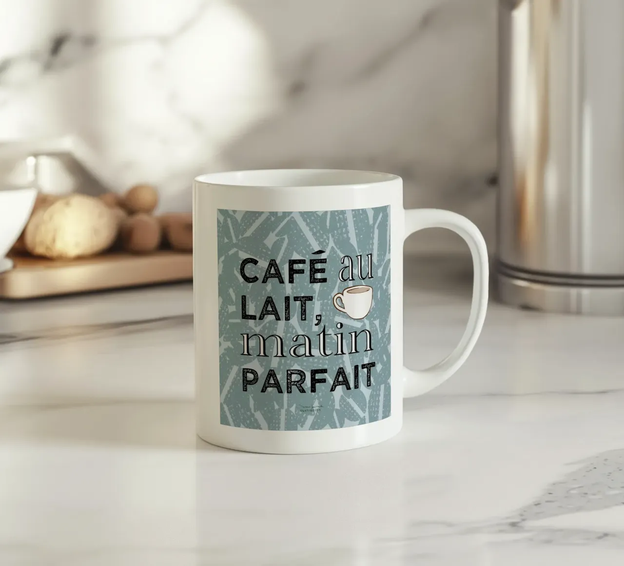 Café au lait-koffie kunstdruk in blauwtinten met koffieboon keramische mok van Art by Susana Miranda ilustración