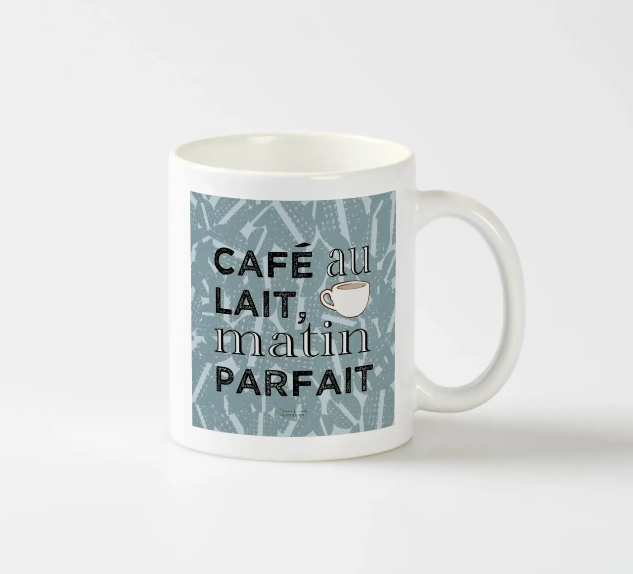 Café au lait-koffie kunstdruk in blauwtinten met koffieboon keramische mok van Art by Susana Miranda ilustración