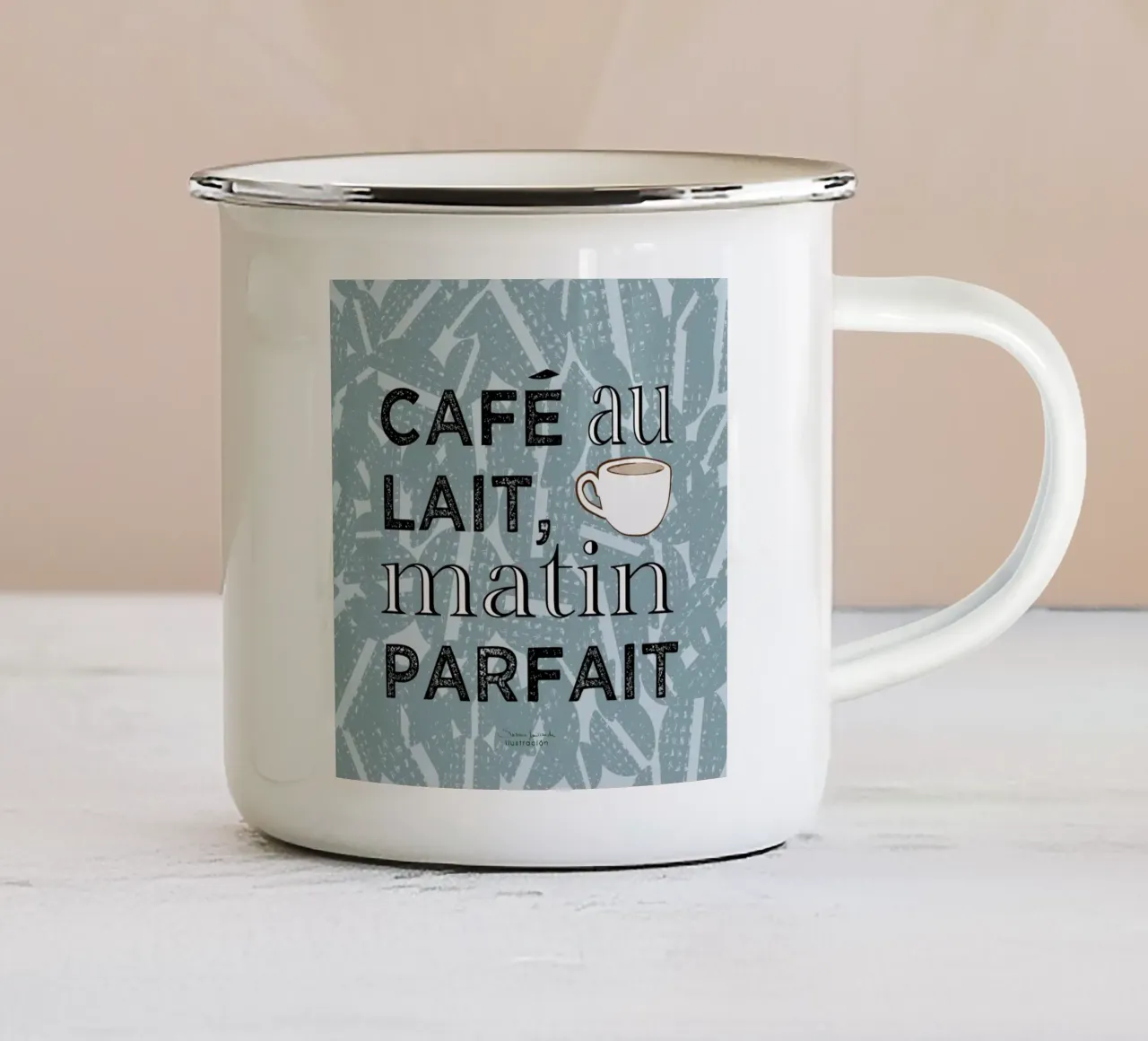 Café au lait-koffie kunstdruk in blauwtinten met koffieboon emaille mok van Art by Susana Miranda ilustración