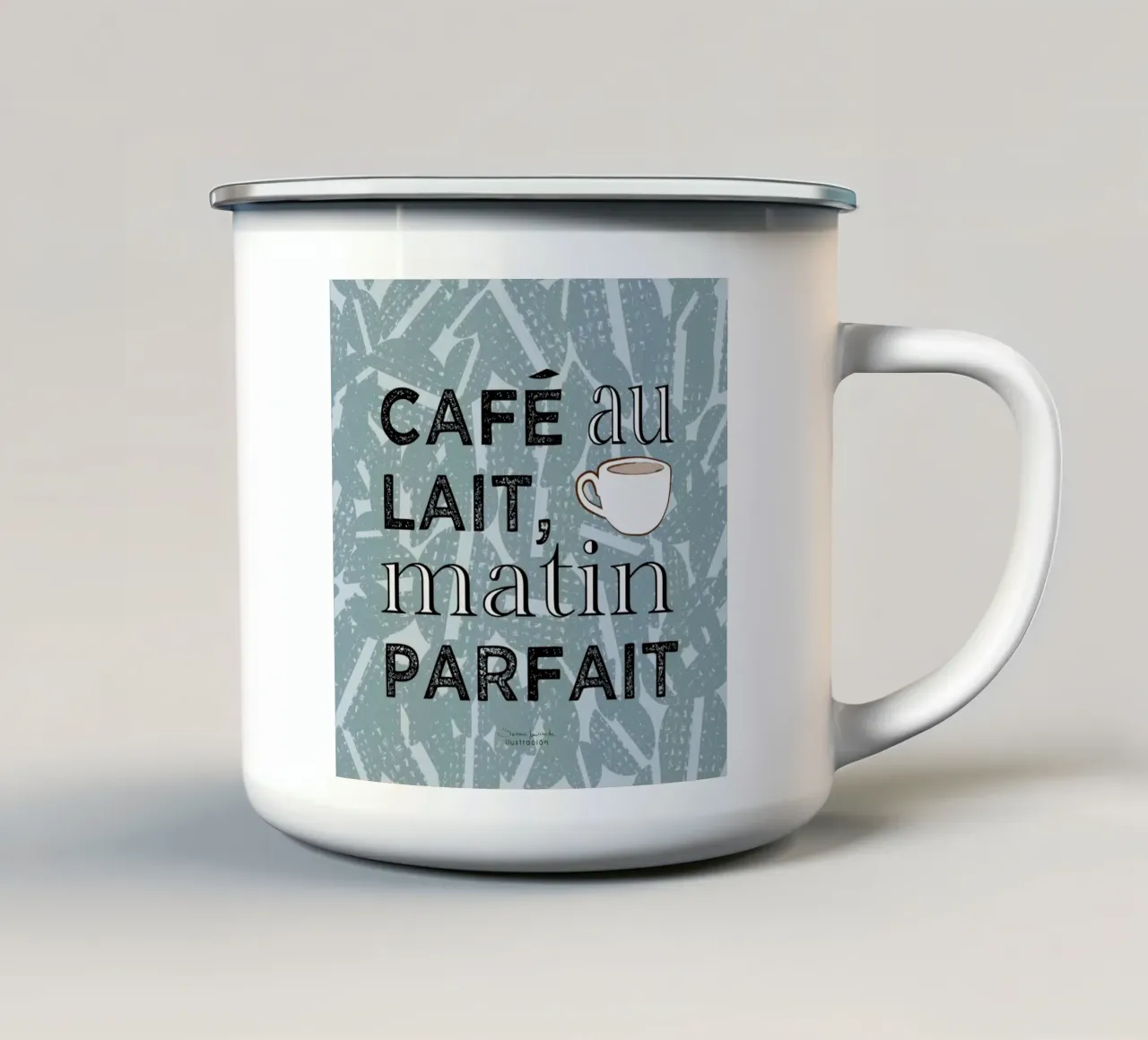 Café au lait-koffie kunstdruk in blauwtinten met koffieboon emaille mok van Art by Susana Miranda ilustración