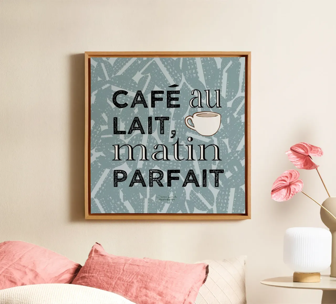 Café au lait-koffie kunstdruk in blauwtinten met koffieboon canvas met Baklijst van Art by Susana Miranda ilustración