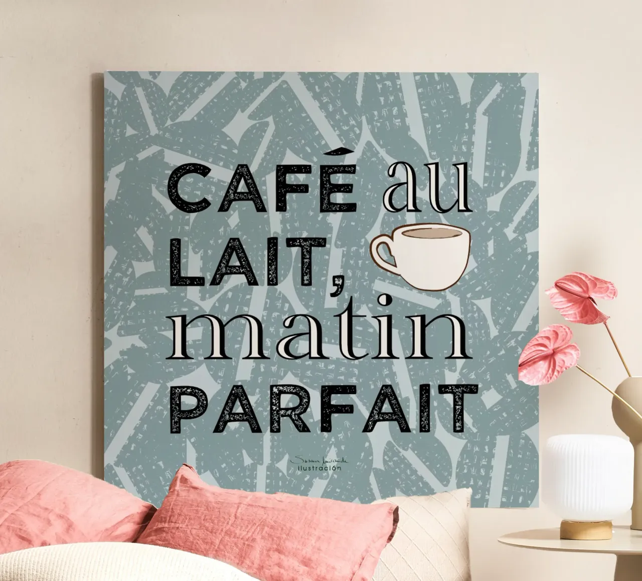 Café au lait-koffie kunstdruk in blauwtinten met koffieboon canvas met Baklijst van Art by Susana Miranda ilustración