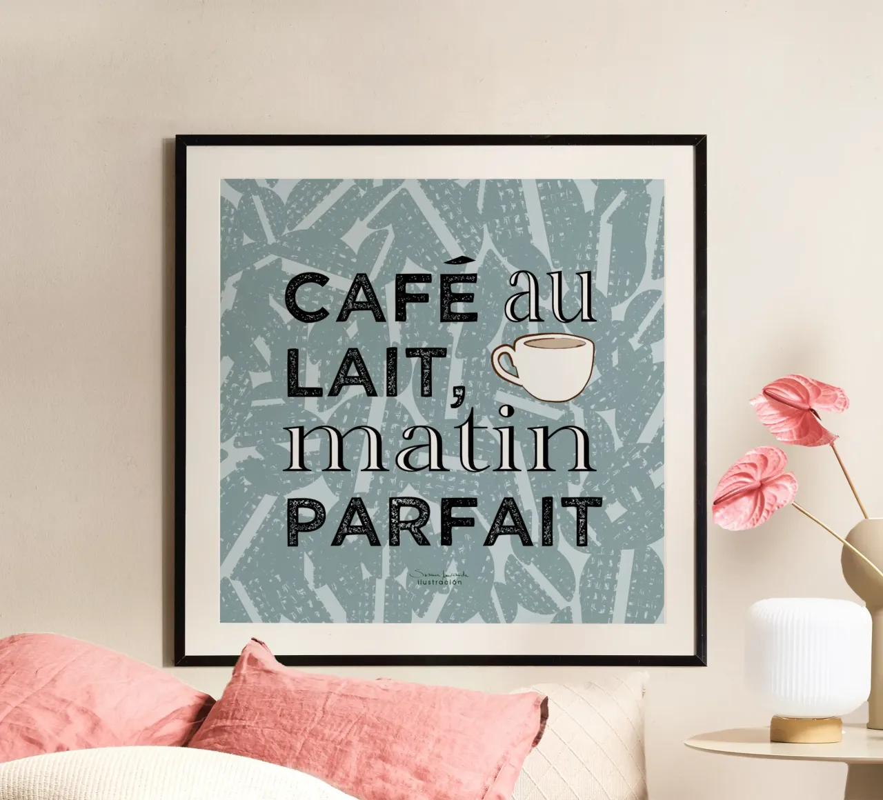 Café au lait - impression d'art sur le café dans les tons bleus avec grain de café poster avec cadre en aluminium de Art by Susana Miranda ilustración