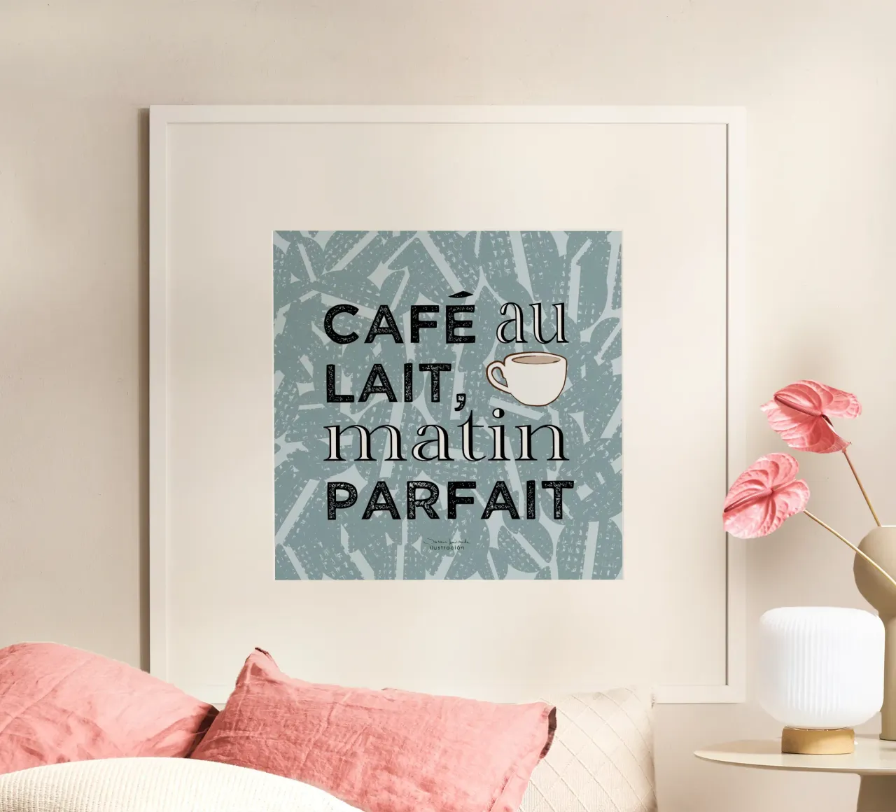 Café au lait - impression d'art sur le café dans les tons bleus avec grain de café poster avec cadre en aluminium de Art by Susana Miranda ilustración