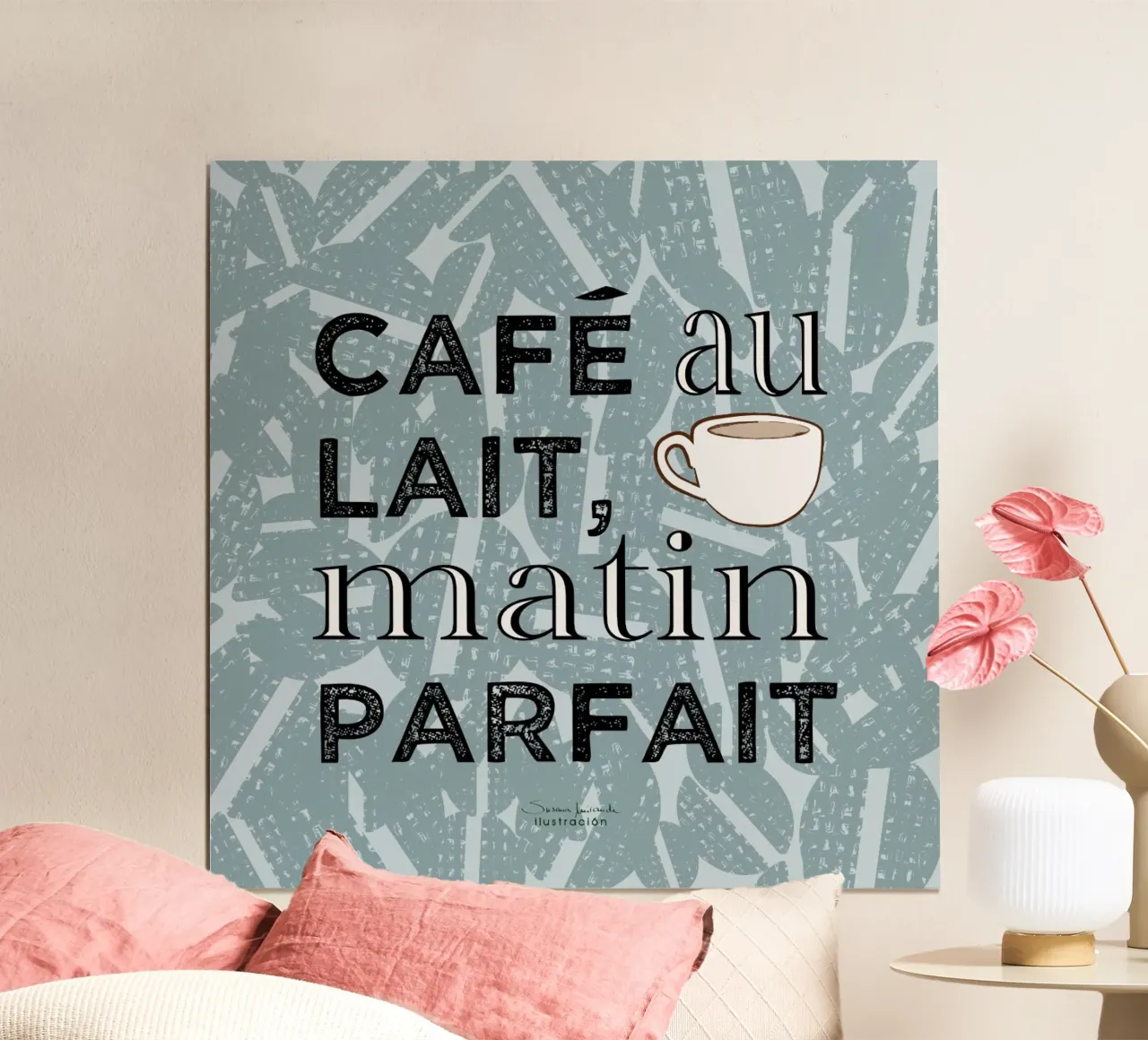 Café au lait - impression d'art sur le café dans les tons bleus avec grain de café poster avec cadre en aluminium de Art by Susana Miranda ilustración
