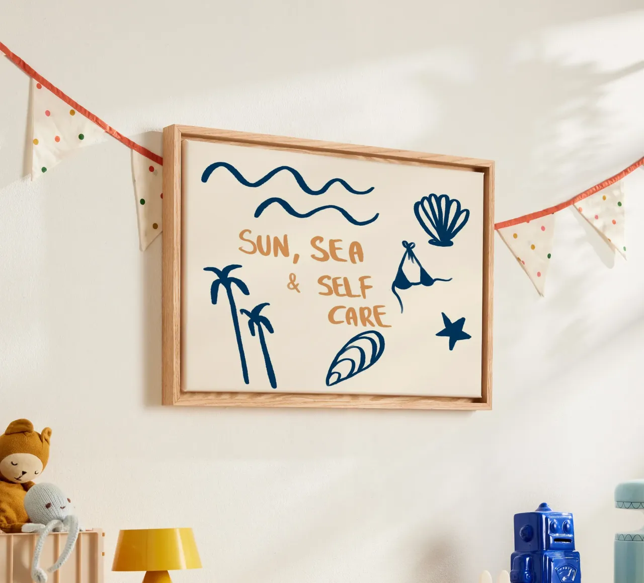 Zon, zee & zelfzorg, strand kunstdruk canvas met Baklijst van dawnthesea