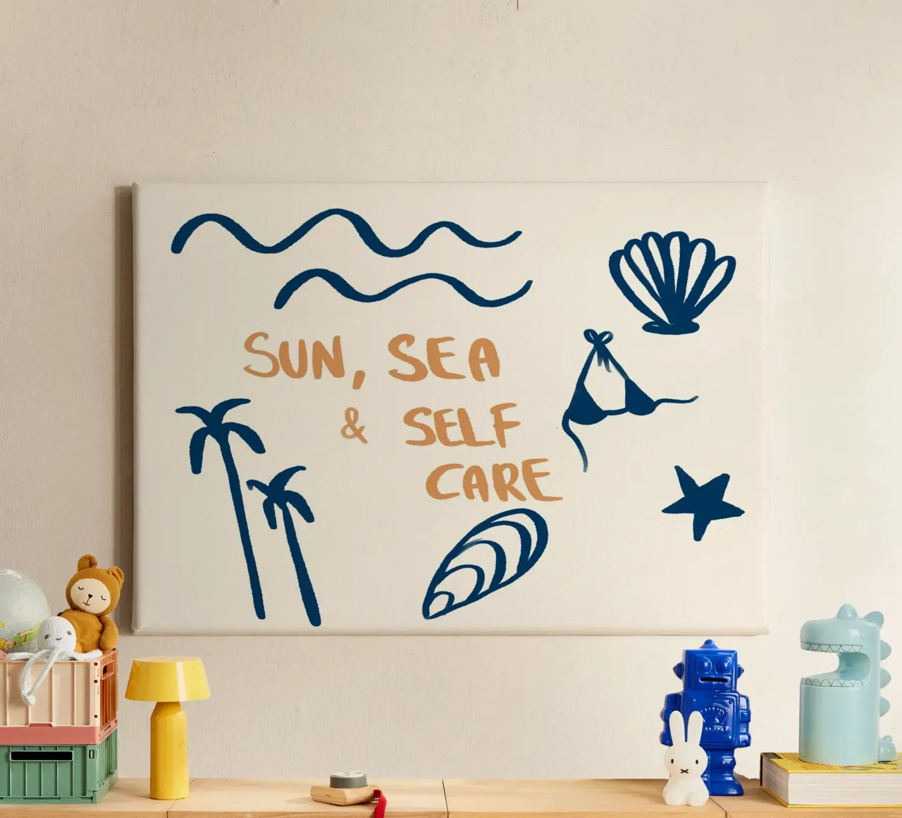 Zon, zee & zelfzorg, strand kunstdruk canvas met Baklijst van dawnthesea