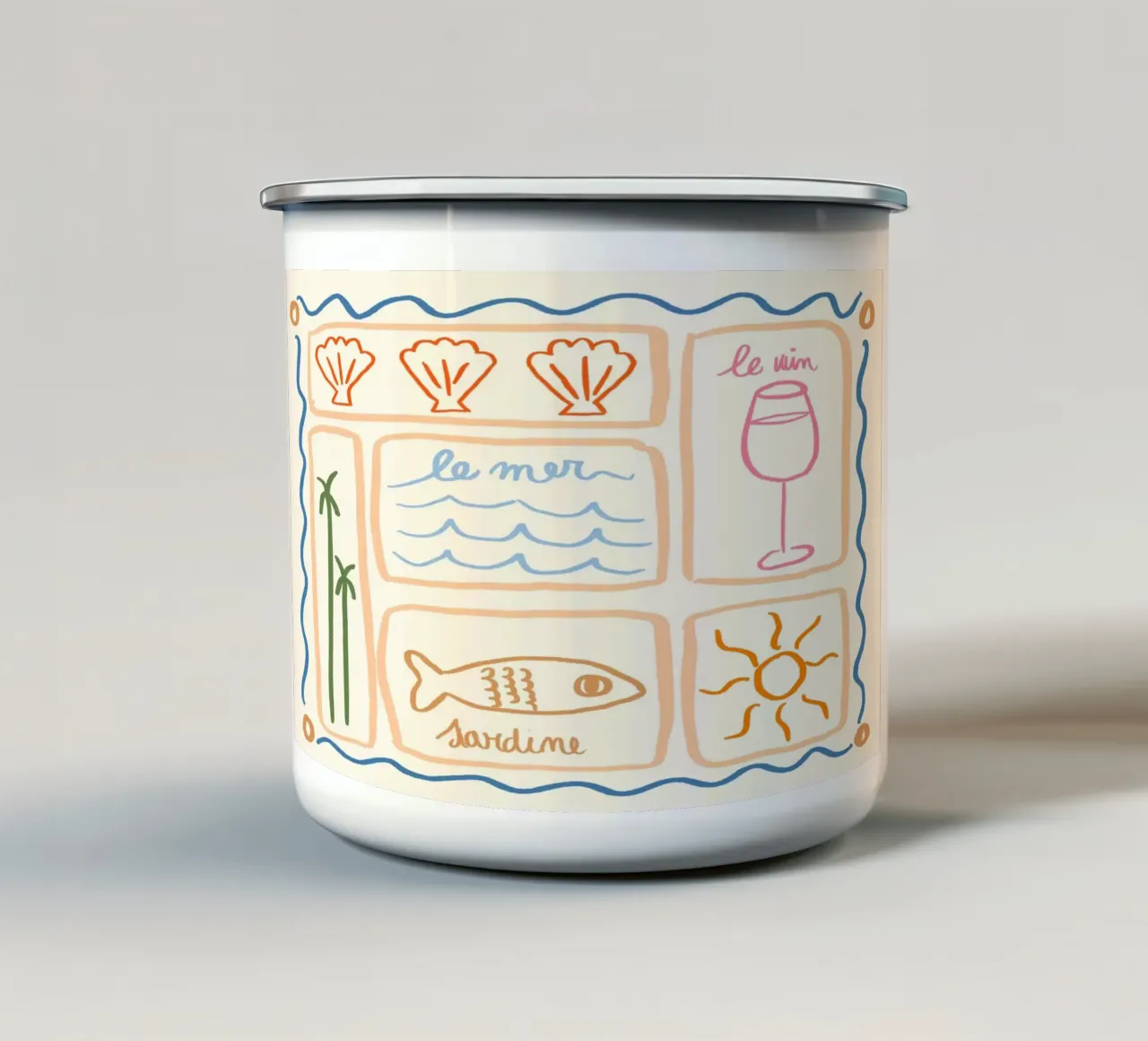 Sardine en wijn, Franse kustkunstdruk emaille mok van dawnthesea