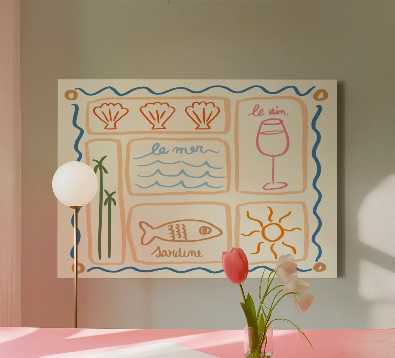 Sardine en wijn, Franse kustkunstdruk canvas met Baklijst van dawnthesea