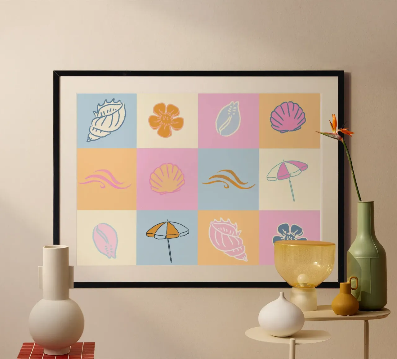Icone da spiaggia in pastello, stampa d'arte moderna di metà secolo poster con telaio in plastica da dawnthesea