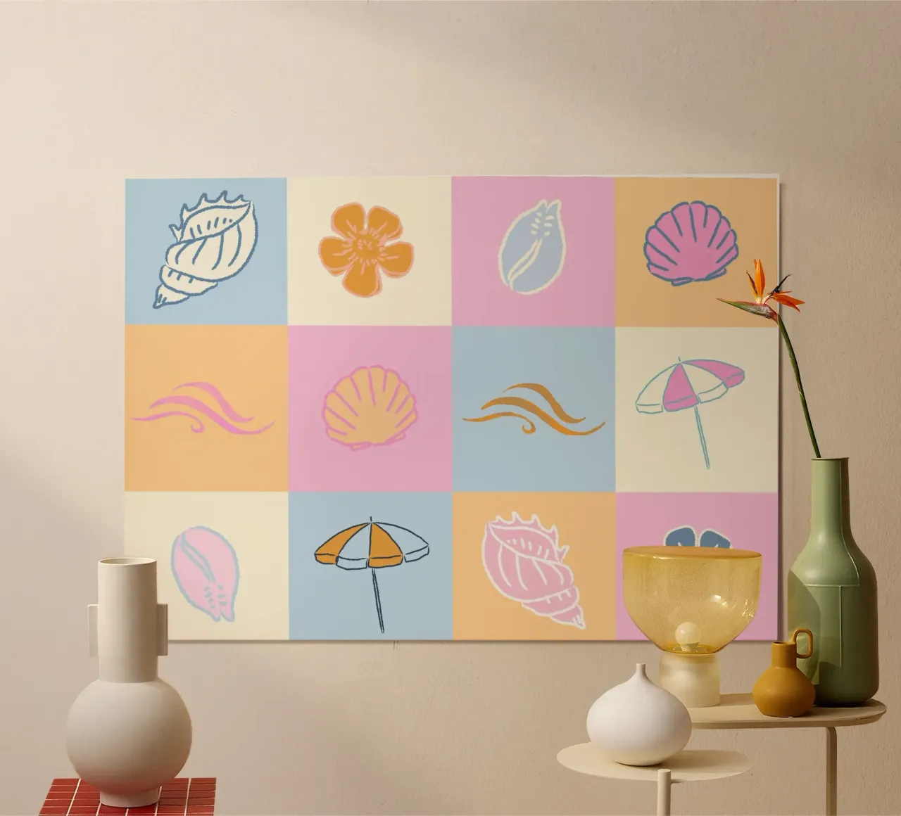 Icone da spiaggia in pastello, stampa d'arte moderna di metà secolo poster con telaio in plastica da dawnthesea