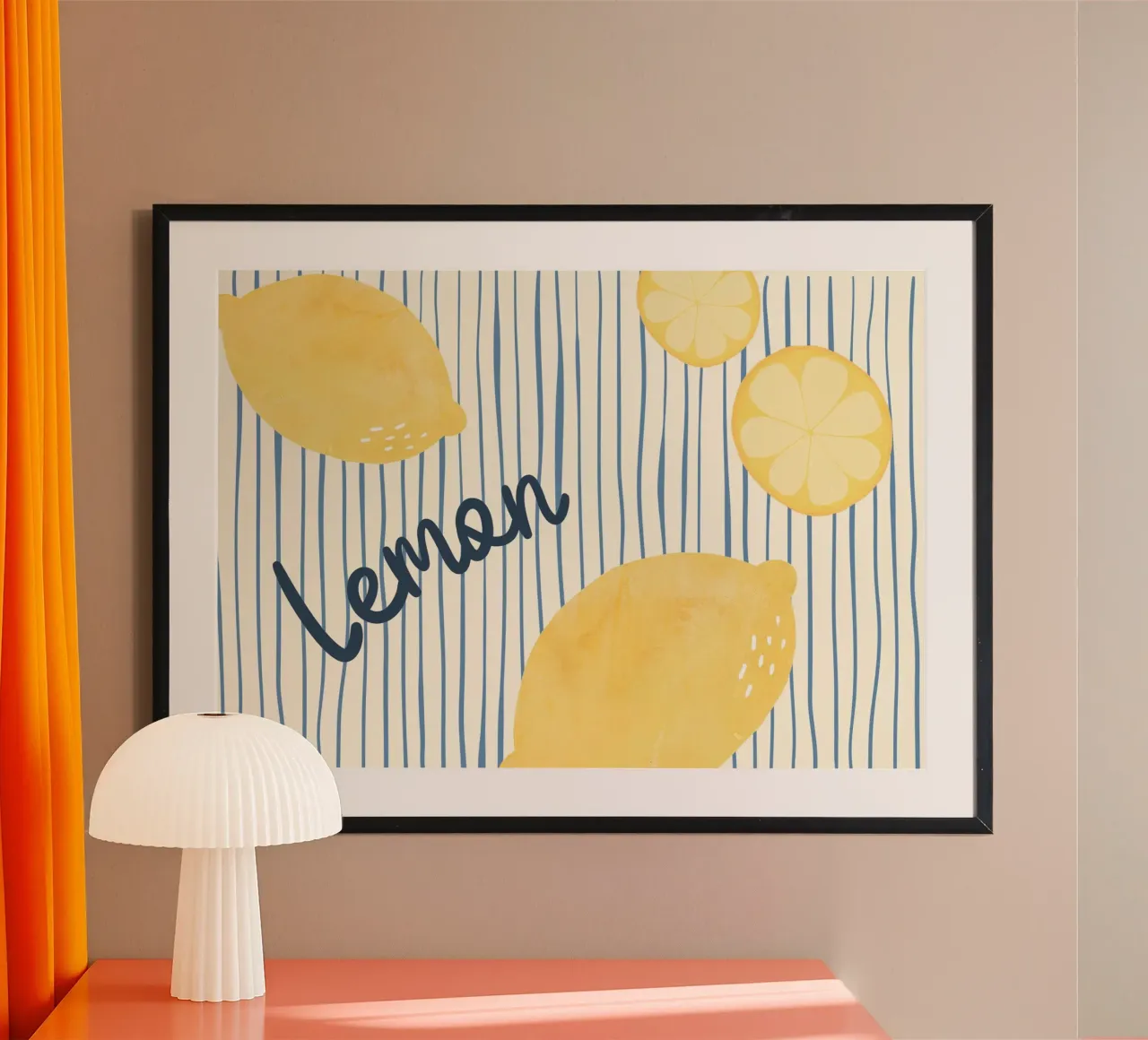 Zitrone Küche Druck, Blaue Streifen, Lebensmittel Kunst Poster mit Aluminium Rahmen von dawnthesea