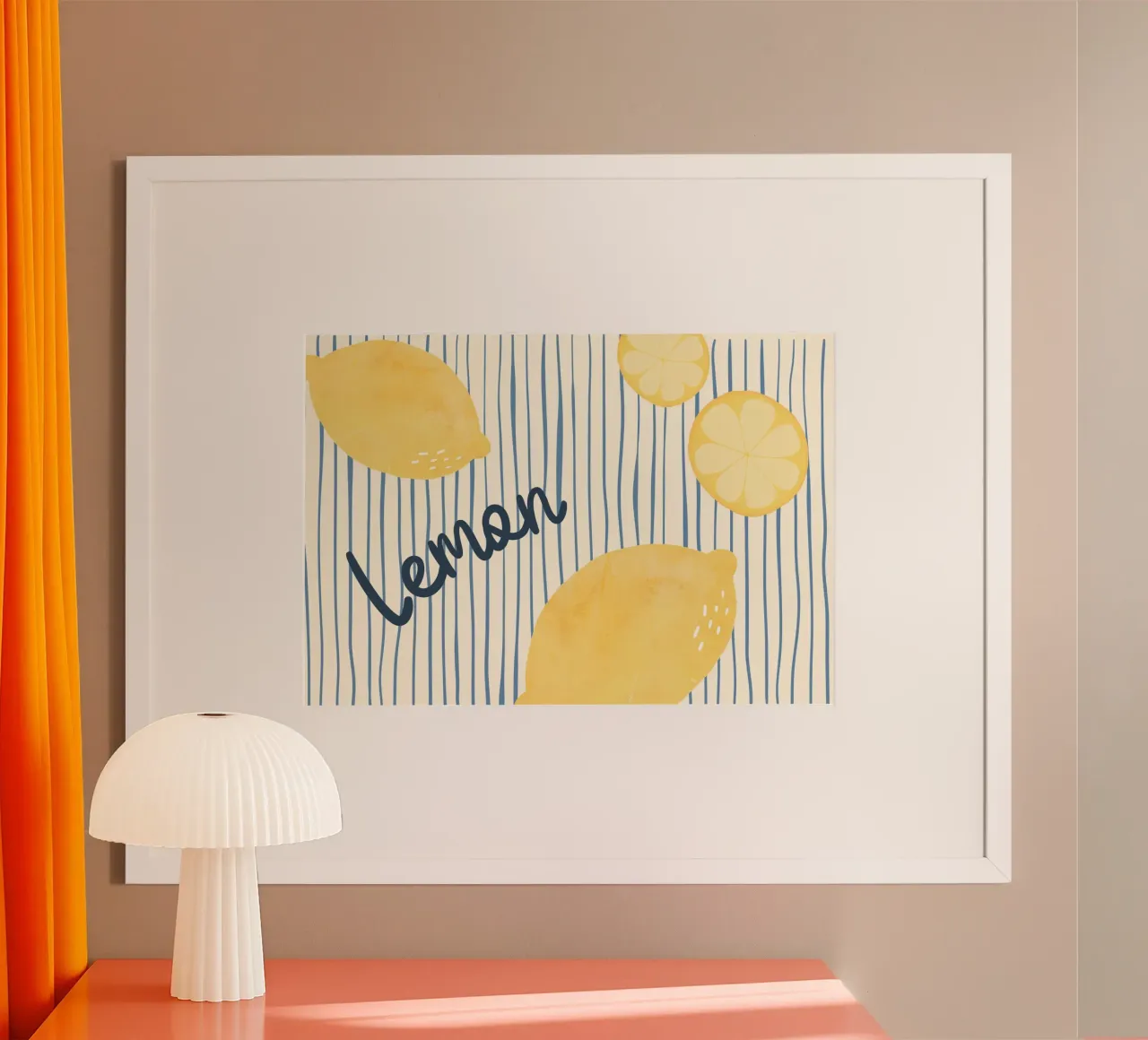 Zitrone Küche Druck, Blaue Streifen, Lebensmittel Kunst Poster mit Aluminium Rahmen von dawnthesea