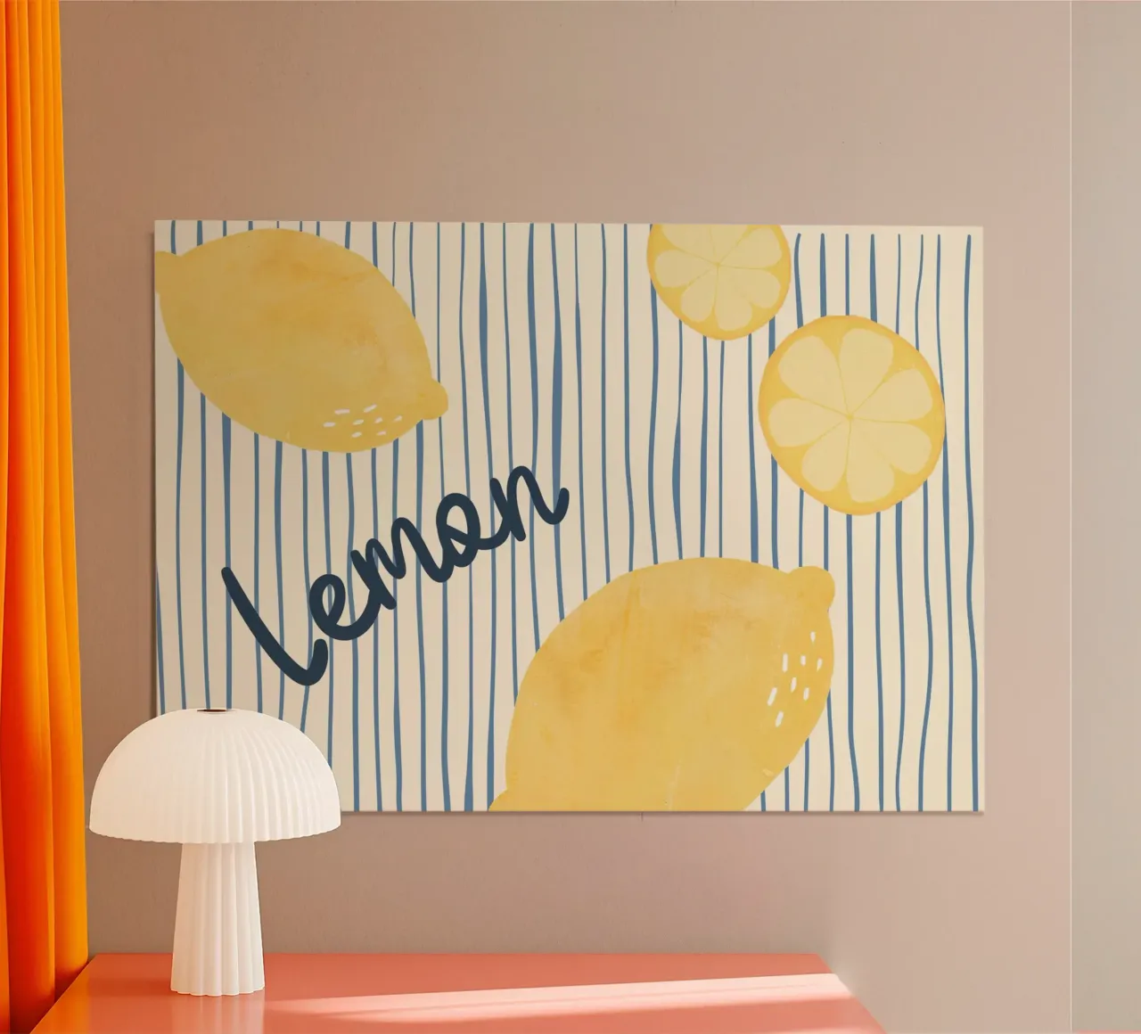 Zitrone Küche Druck, Blaue Streifen, Lebensmittel Kunst Poster mit Aluminium Rahmen von dawnthesea