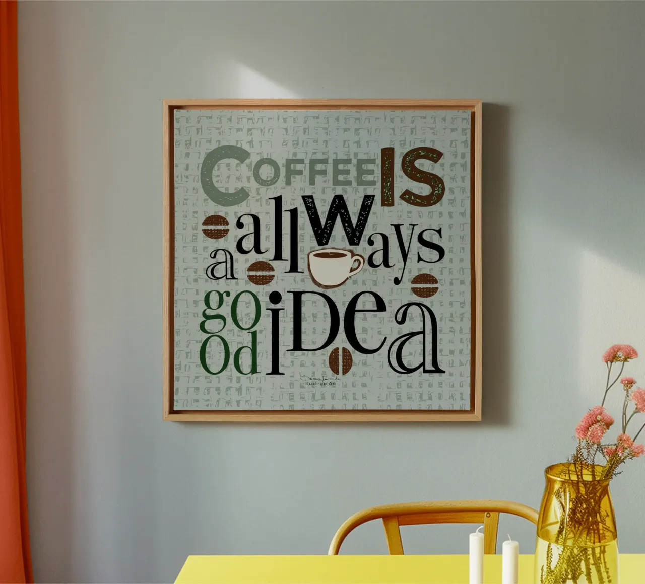 Coffee is always a good idea-on textured green background canvas with Floater frame by Art by Susana Miranda ilustración