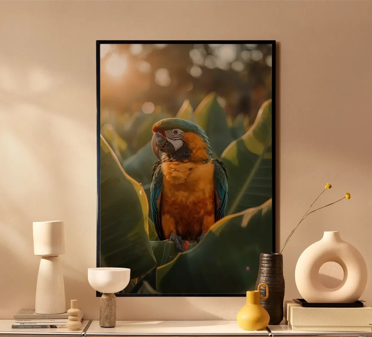 Ara blu e oro appollaiata su una pianta poster da DesignDoodle