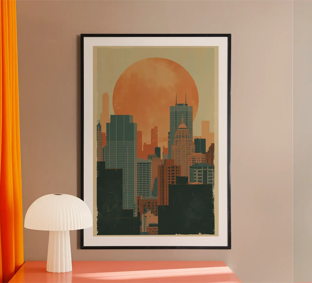 Skyline della città con sole arancione poster con telaio in alluminio da DesignDoodle