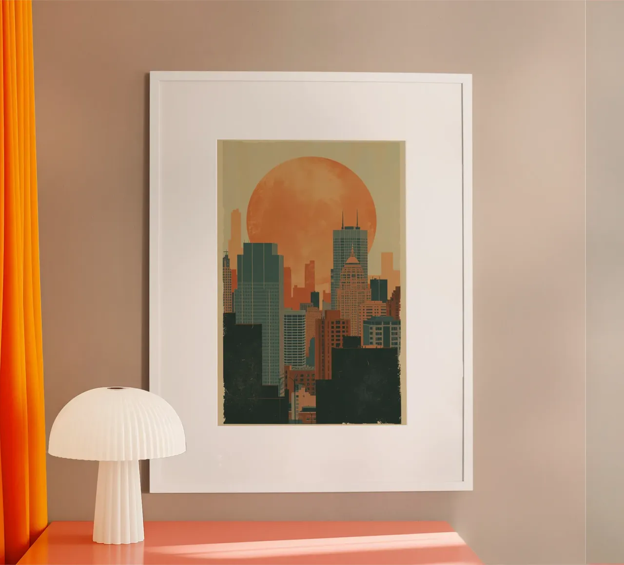 Skyline della città con sole arancione poster con telaio in alluminio da DesignDoodle