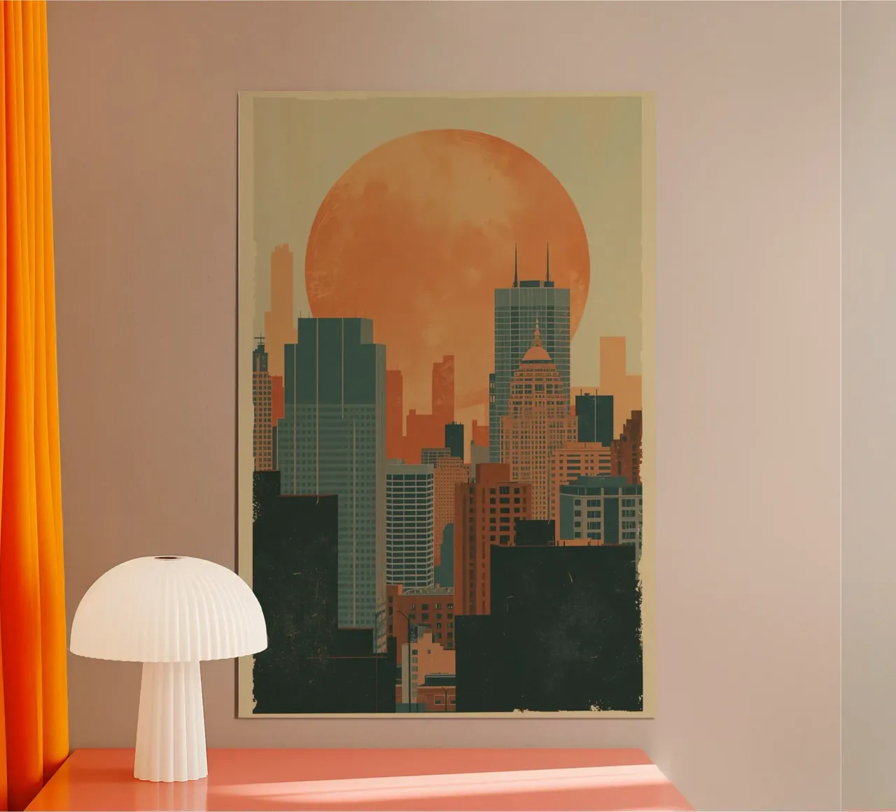 Skyline della città con sole arancione poster con telaio in alluminio da DesignDoodle