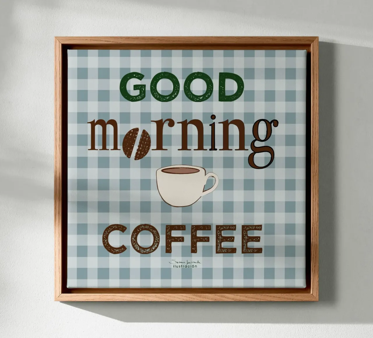 Good morning coffee art print on blue gingham background. canvas with Floater frame by Art by Susana Miranda ilustración
