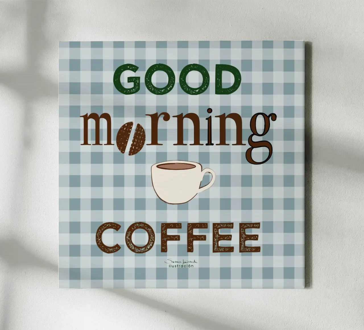 Good morning coffee art print on blue gingham background. canvas with Floater frame by Art by Susana Miranda ilustración