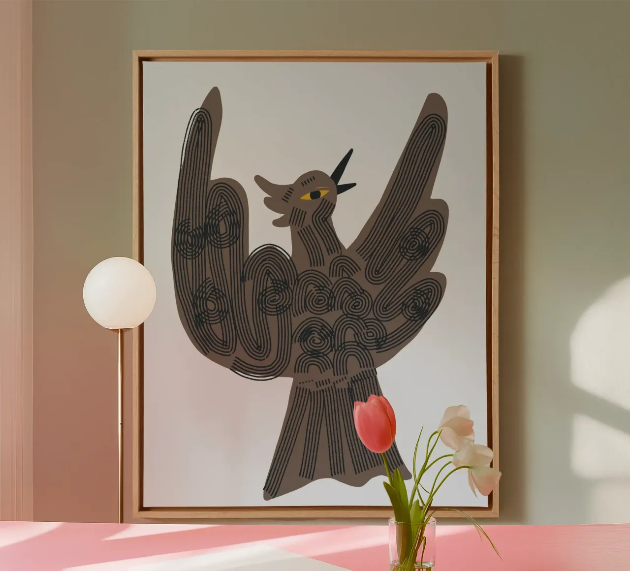 Whimsical feathers canvas with Floater frame by Little Dean