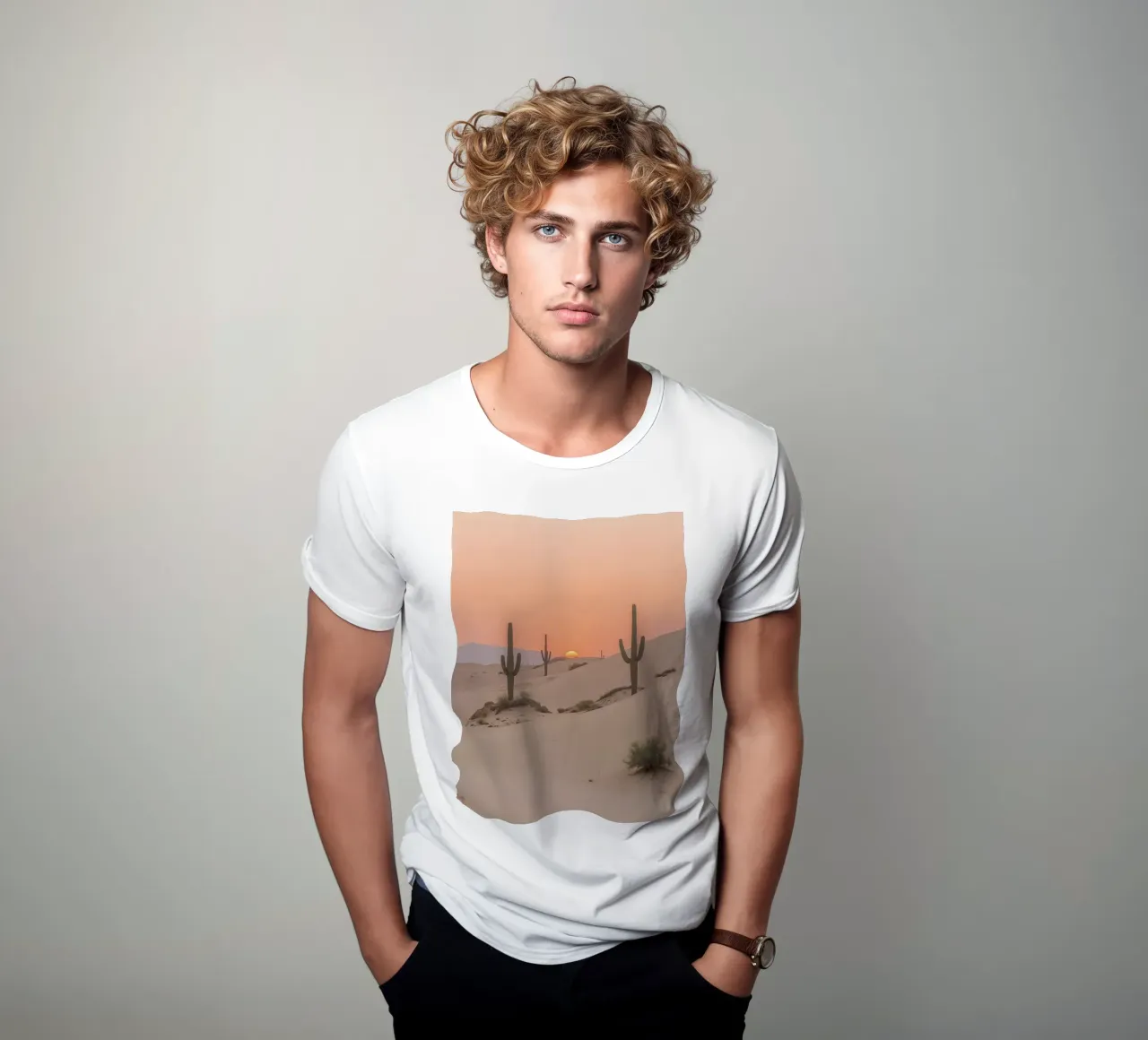 Paesaggio desertico con dune di cactus Saguaro e tramonto t-shirt da DesignDoodle