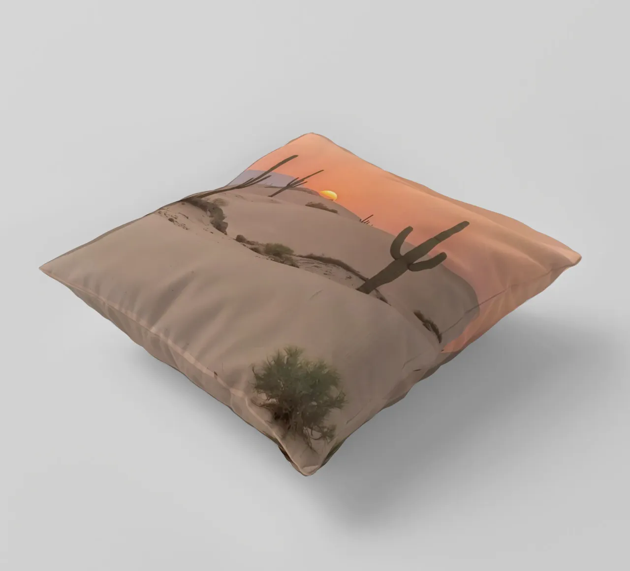 Paesaggio desertico con dune di cactus Saguaro e tramonto cuscino da DesignDoodle