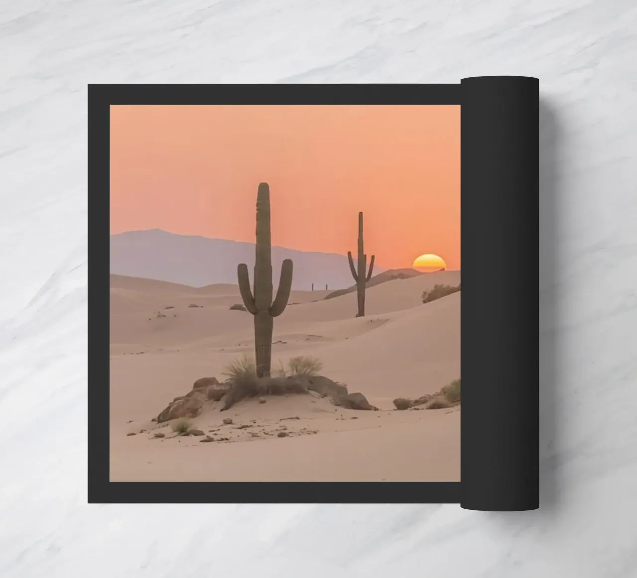 Paesaggio desertico con dune di cactus Saguaro e tramonto zerbino da DesignDoodle