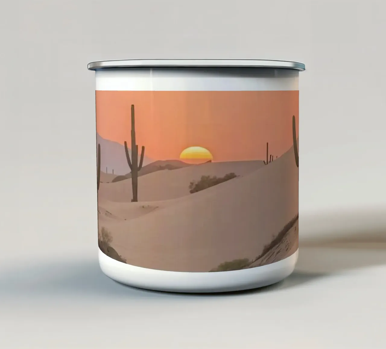 Paesaggio desertico con dune di cactus Saguaro e tramonto tazza in smalto da DesignDoodle