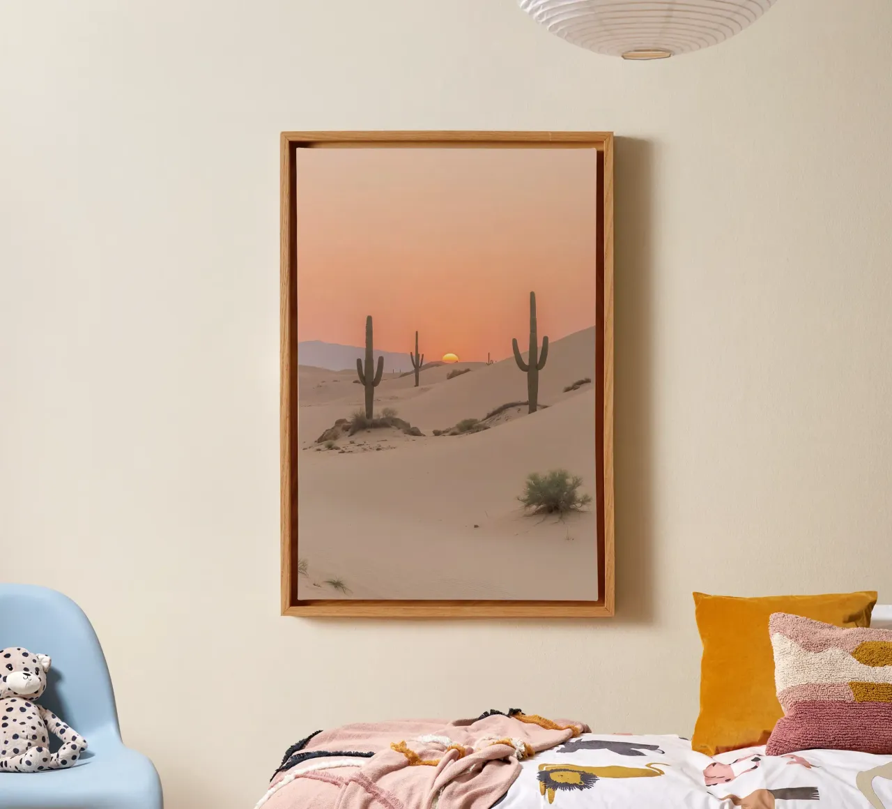 Paesaggio desertico con dune di cactus Saguaro e tramonto tela con Cornice a cassetta da DesignDoodle