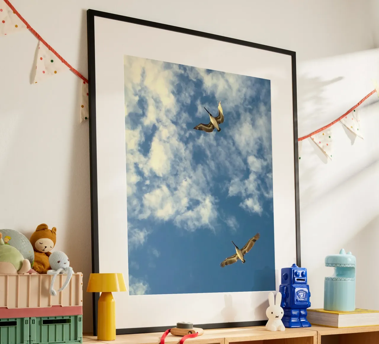 two bird in sky poster con telaio in alluminio da lily