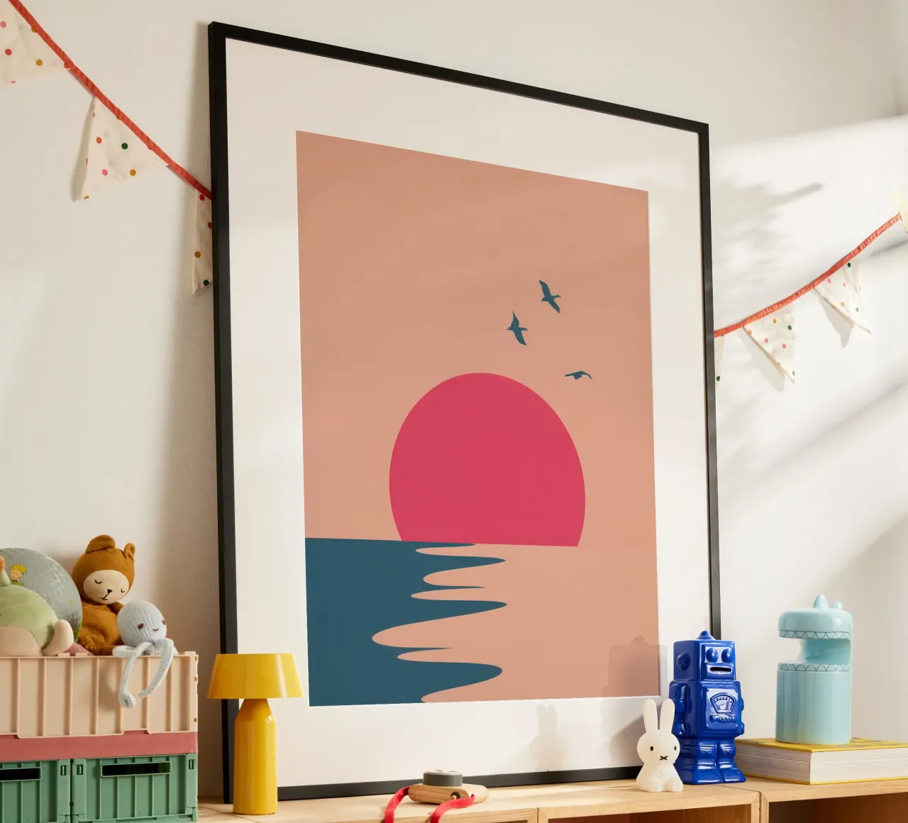 Tramonto sull'oceano minimalista poster con telaio in legno da Autumn Season
