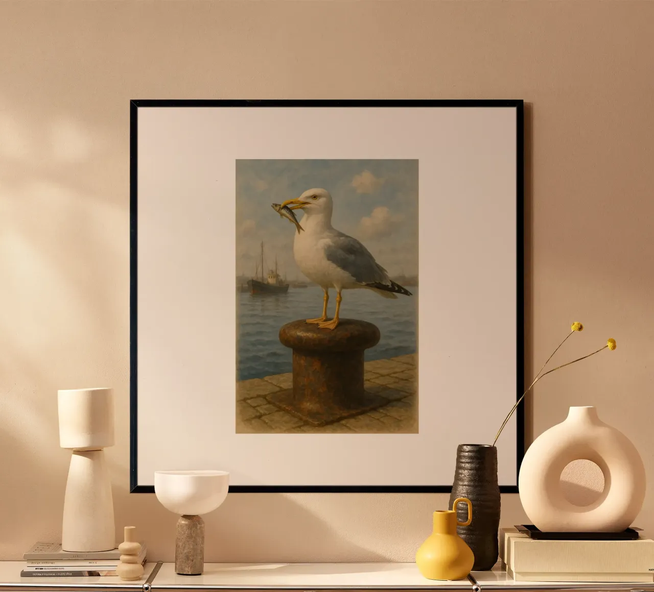 Möwe mit Sprotte poster van Fies&Fein