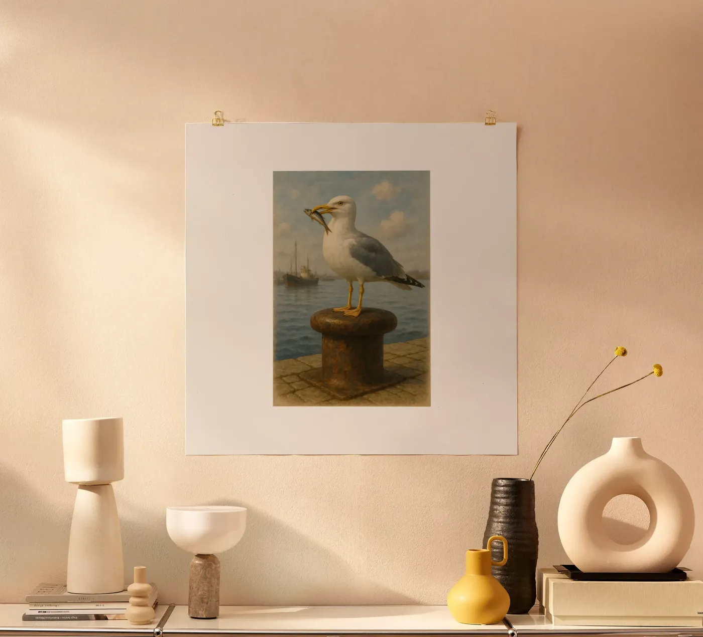 Möwe mit Sprotte poster van Fies&Fein