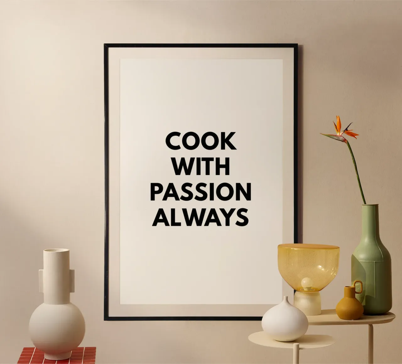 Cucinare sempre con passione poster con telaio in legno da Typo Designs