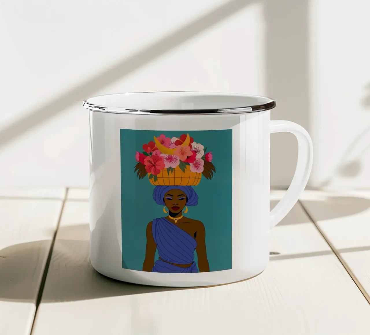 Ragazza africana in fiore tazza in smalto da Taika Tori Art