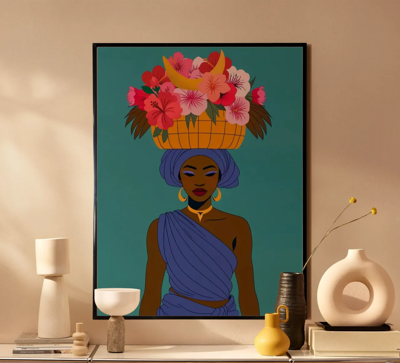 Ragazza africana in fiore poster con telaio in legno da Taika Tori Art