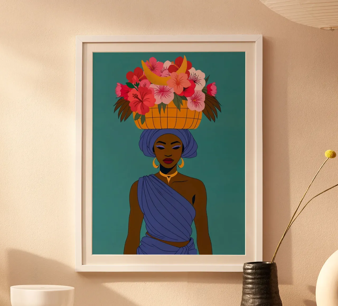 Ragazza africana in fiore poster con telaio in legno da Taika Tori Art