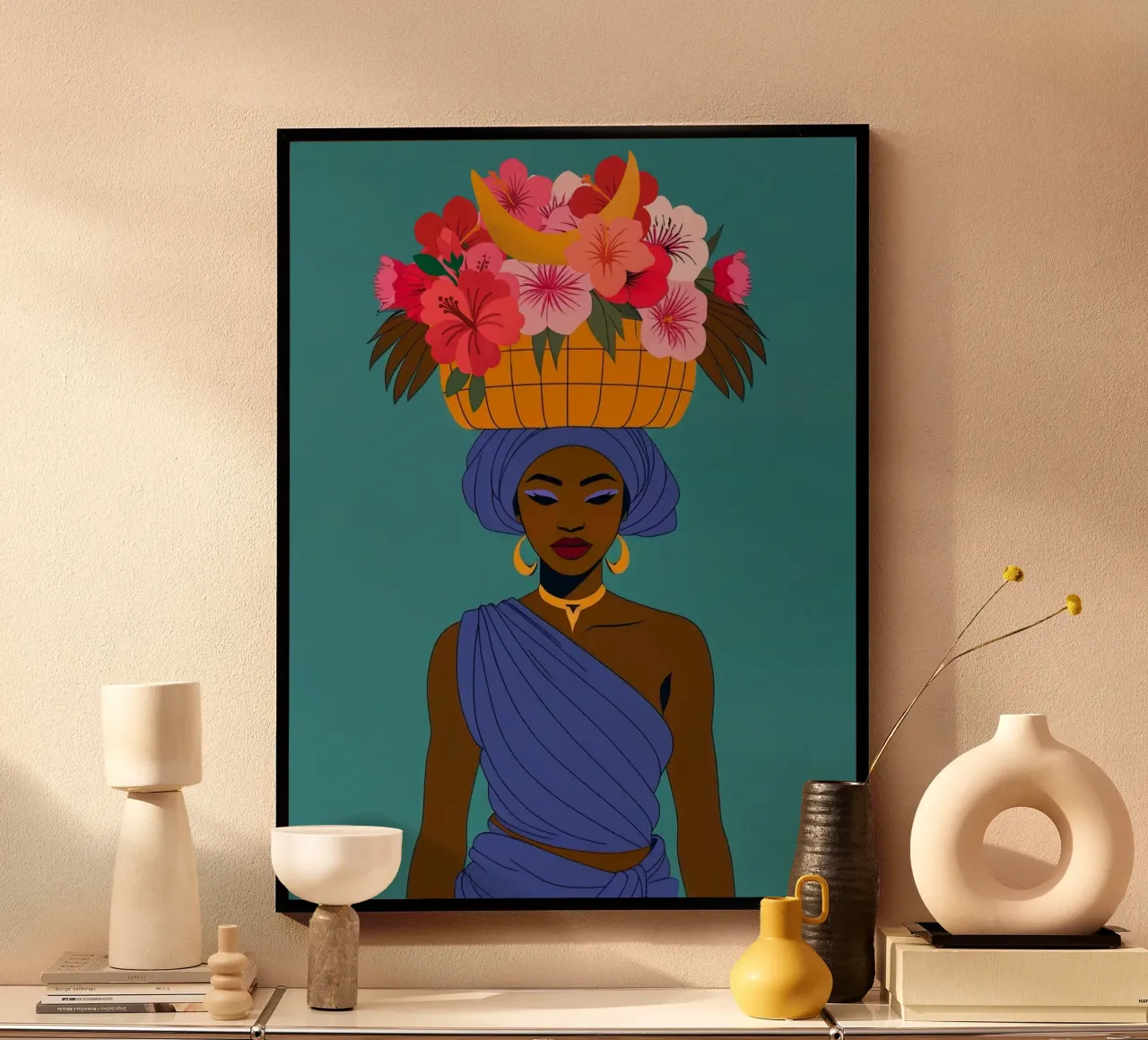 Ragazza africana in fiore poster con telaio in legno da Taika Tori Art