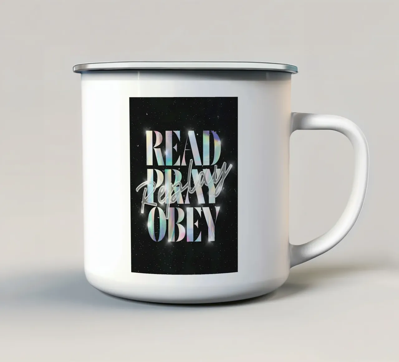 READ, PRAY, OBEY tazza in smalto da Type & Tape