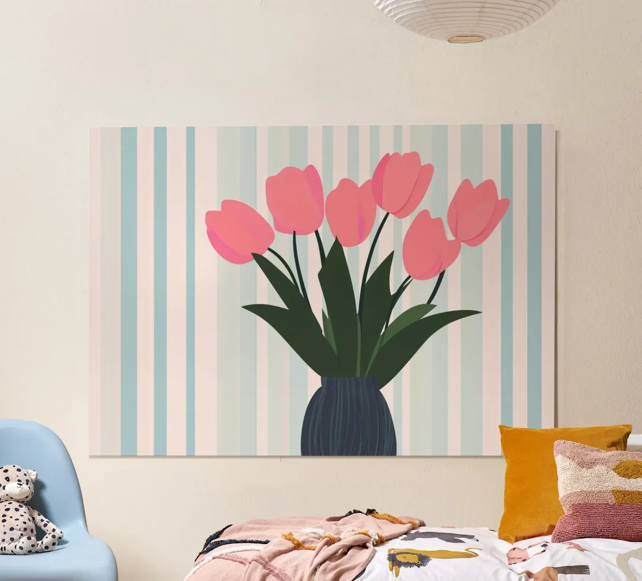 Tulipani rosa, arte floreale minimalista in vaso poster con telaio in alluminio da vintagepod