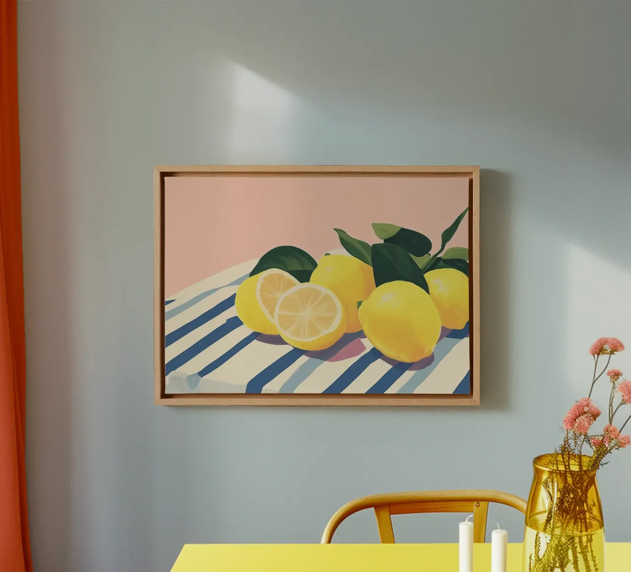 Limoni su tessuto a righe, natura morta tela con Cornice a cassetta da vintagepod