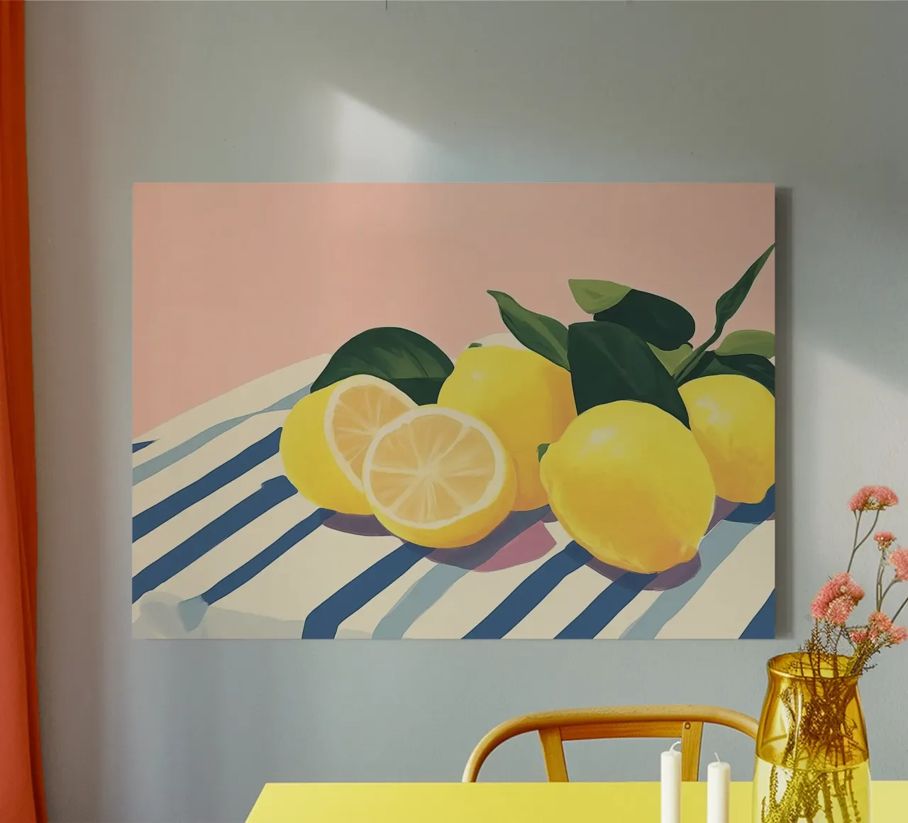 Limoni su tessuto a righe, natura morta tela con Cornice a cassetta da vintagepod