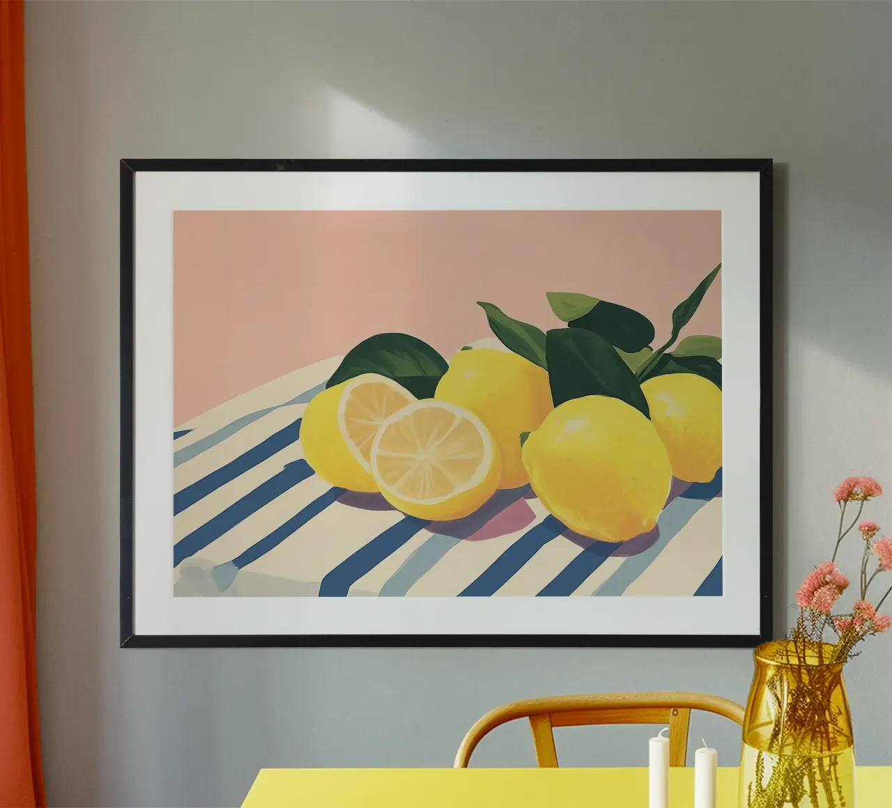Limoni su tessuto a righe, natura morta poster con telaio in plastica da vintagepod