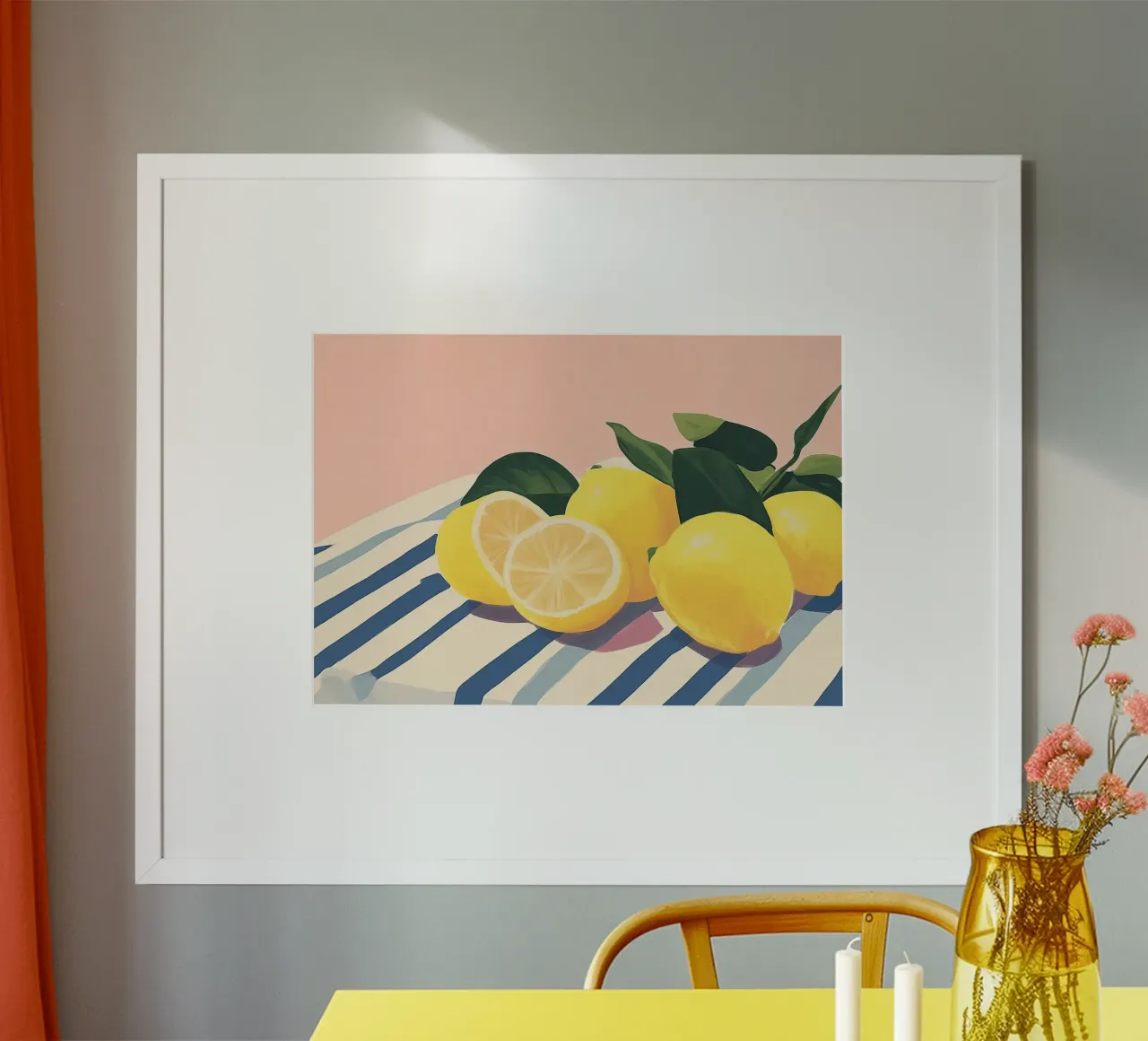 Limoni su tessuto a righe, natura morta poster con telaio in plastica da vintagepod