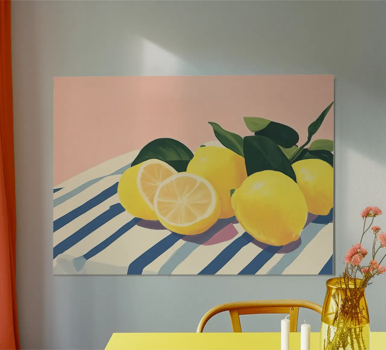 Limoni su tessuto a righe, natura morta poster con telaio in plastica da vintagepod