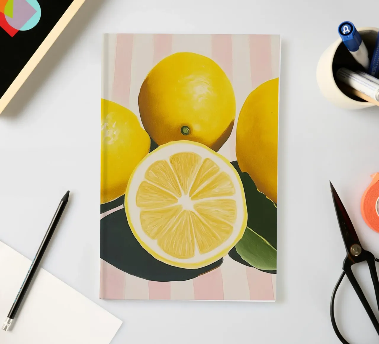 Lemons and Stripes, Hyper-Realistic Art Print notebook by vintagepod