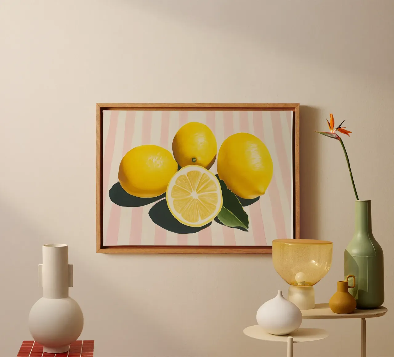 Lemons and Stripes, Hyper-Realistic Art Print canvas with Floater frame by vintagepod