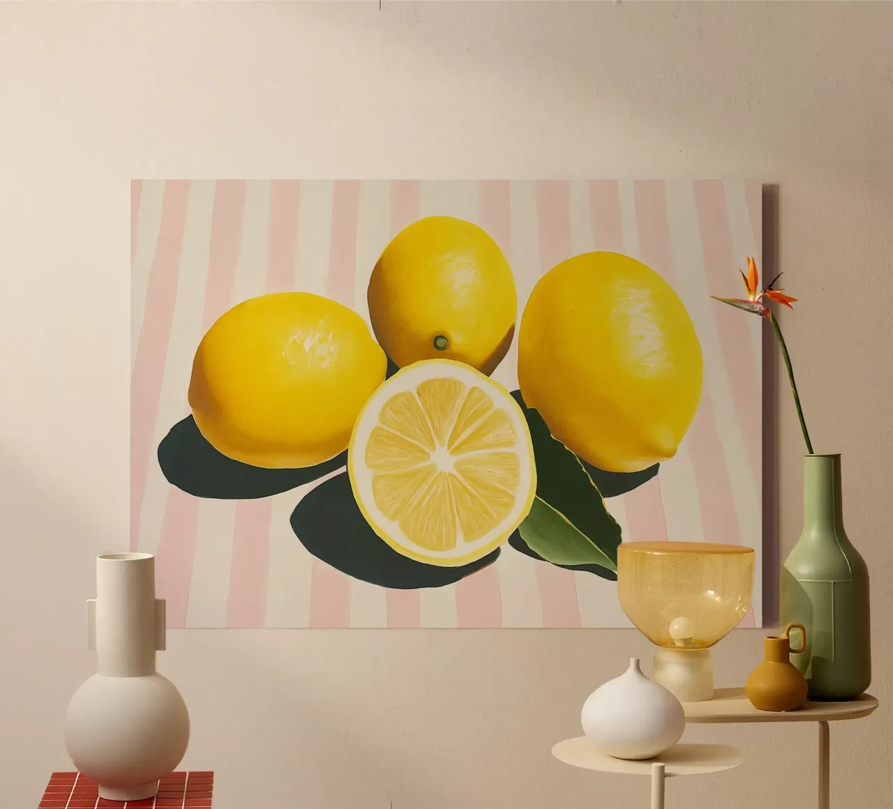 Lemons and Stripes, Hyper-Realistic Art Print canvas with Floater frame by vintagepod